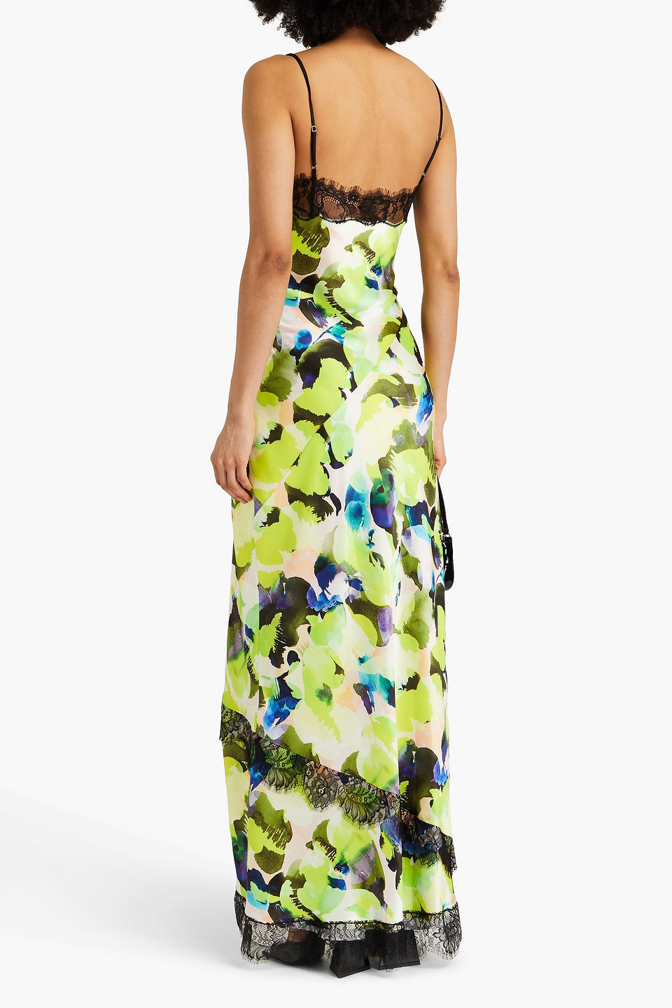 Nicholas Sage Lace-trimmed Printed Satin Maxi Dress In Lime Green