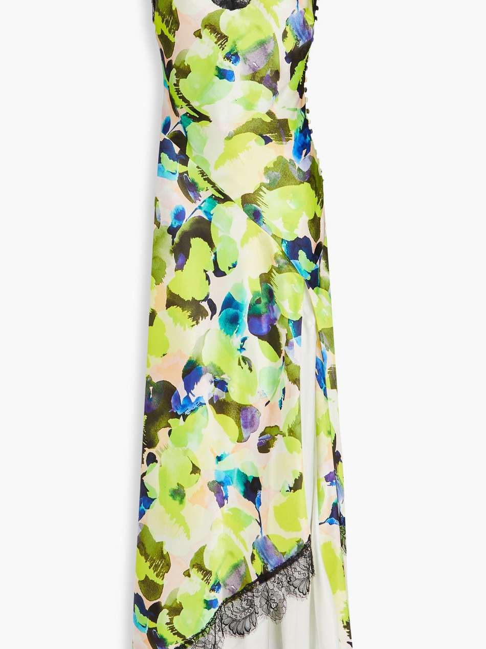 sage lace-trimmed printed satin maxi dress