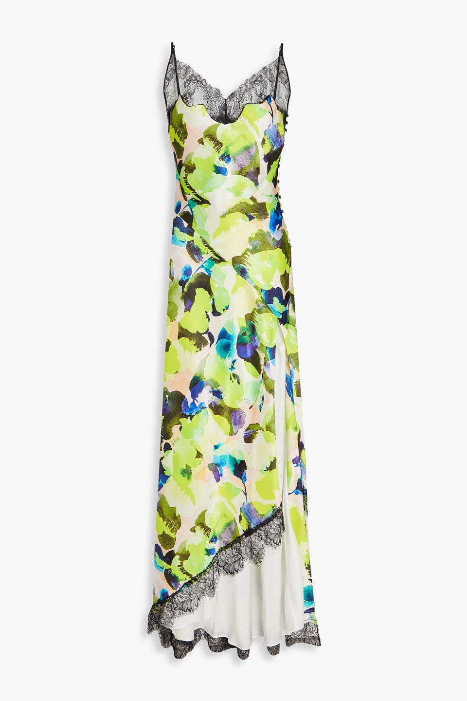 Nicholas Sage Lace-trimmed Printed Satin Maxi Dress In Lime Green