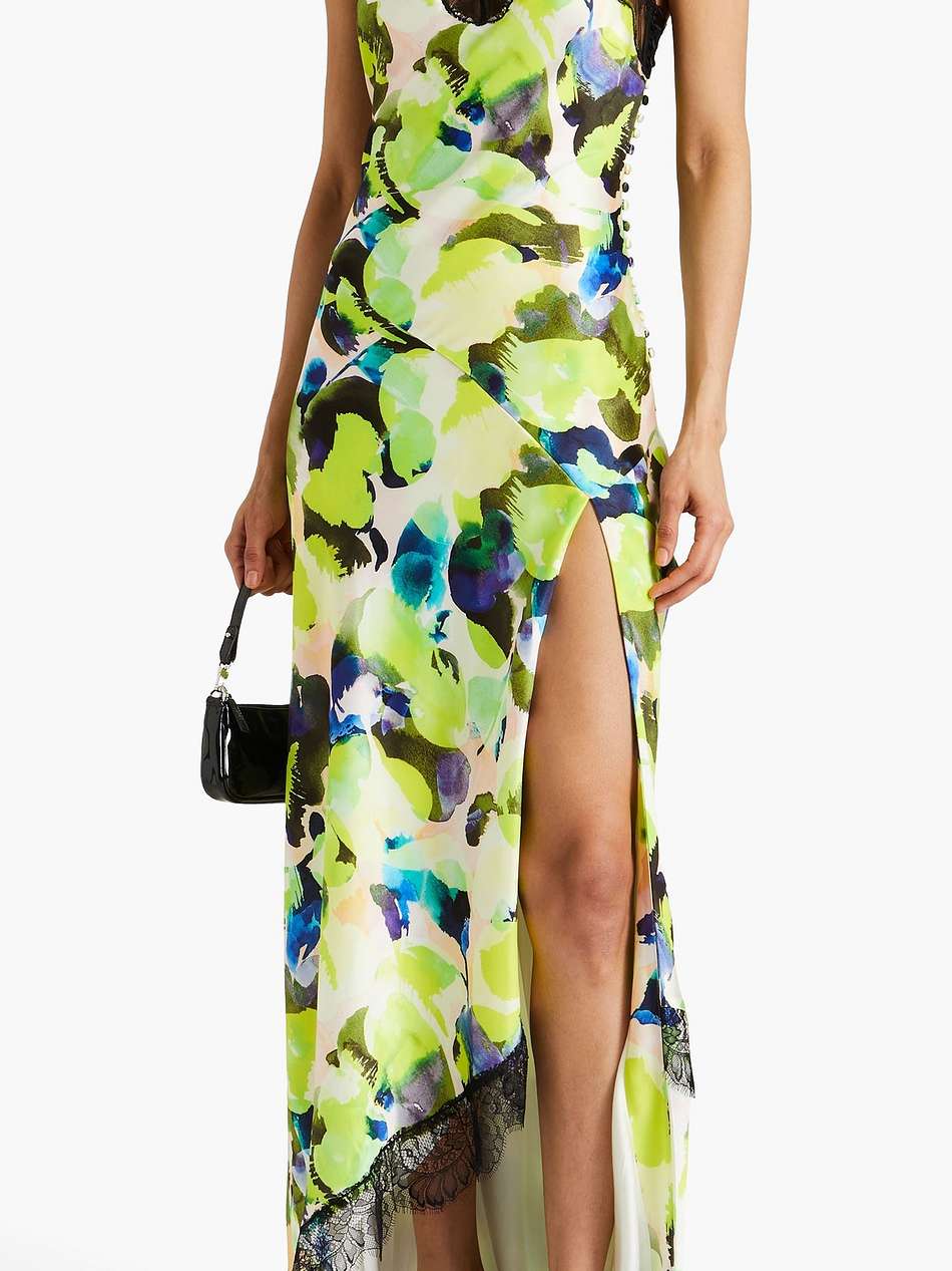 sage lace-trimmed printed satin maxi dress