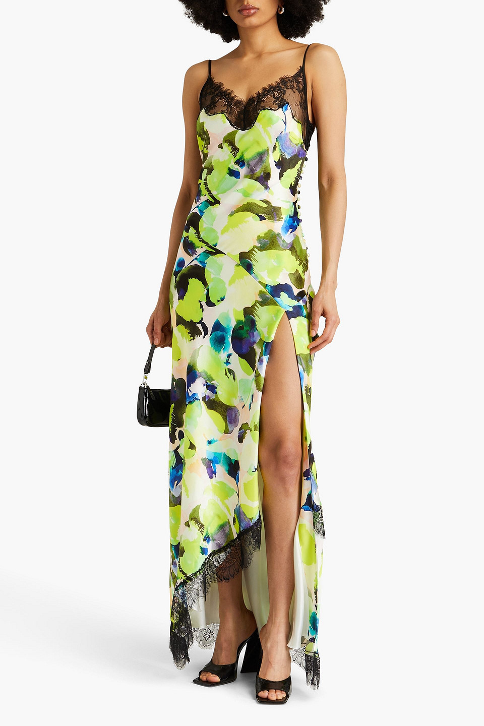 Nicholas Sage Lace-trimmed Printed Satin Maxi Dress In Lime Green