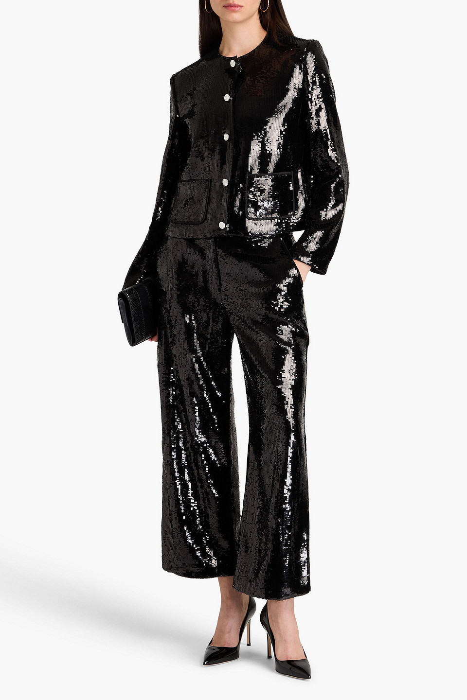 Theory Sequined Crepe Straight-leg Pants In Black
