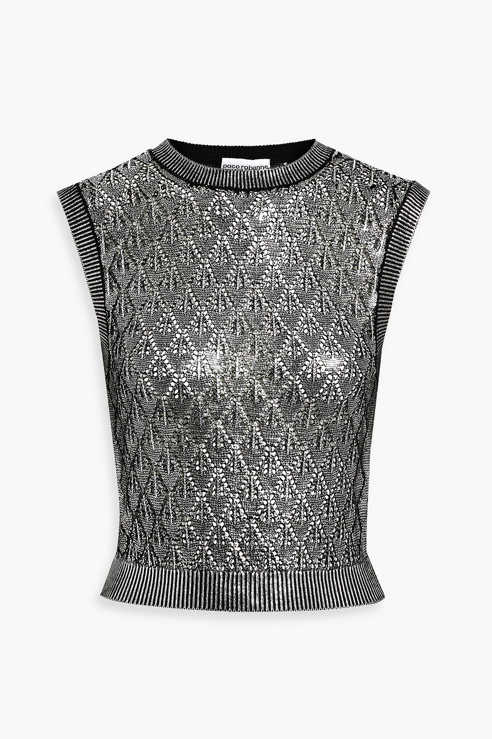 Rabanne Coated Metallic Pointelle-knit Top In Silver