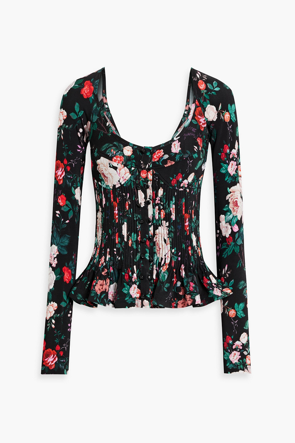 Rabanne Floral-print Pleated Long-sleeve Bustier Top In Black