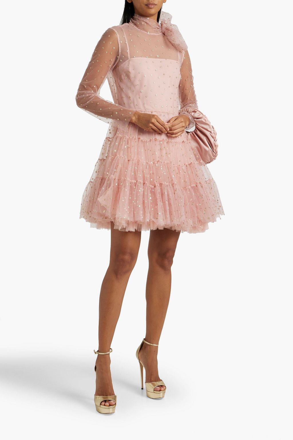 REDVALENTINO Pussy-bow tiered glittered tulle mini dress