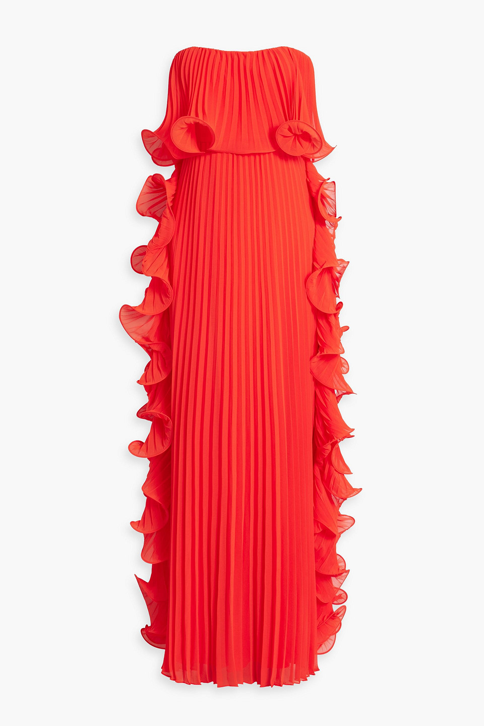 Badgley Mischka Strapless Ruffled Plissé-chiffon Gown In Tomato Red