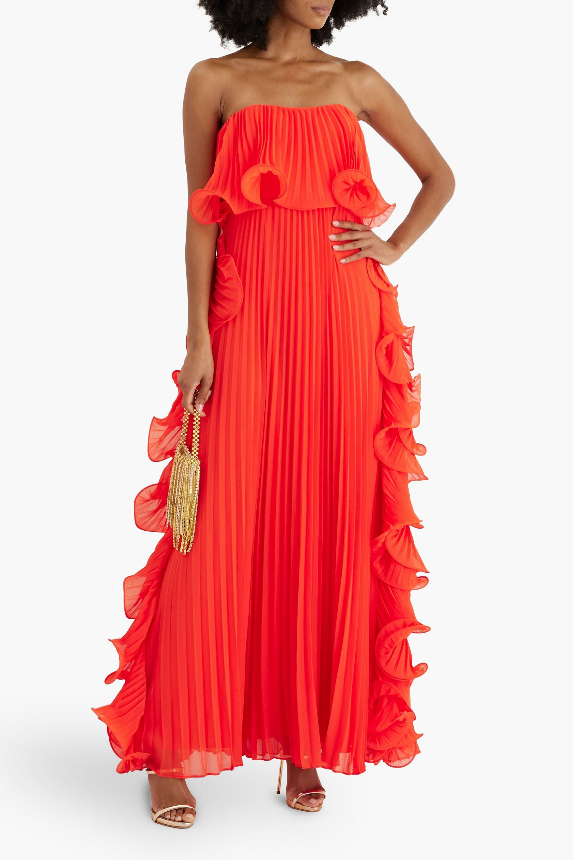 Badgley Mischka Strapless ruffled plissé-chiffon gown