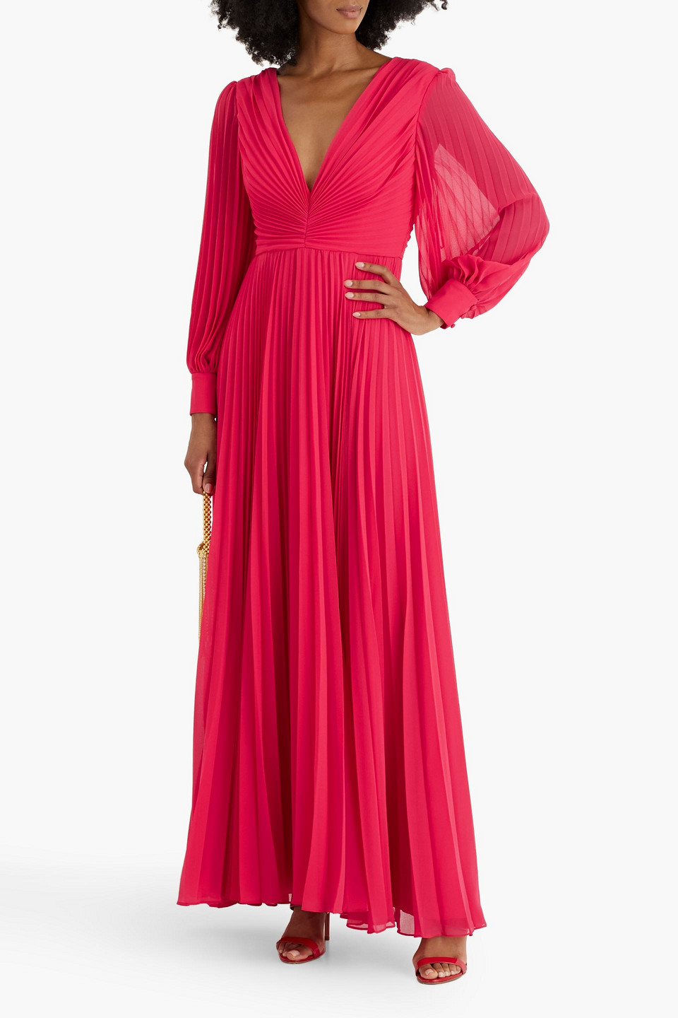 Badgley Mischka Plissé-chiffon Gown In Papaya
