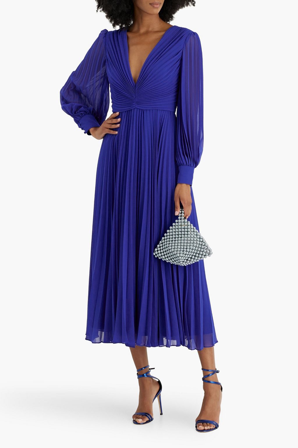 BADGLEY MISCHKA 플리세 시폰 미디 드레스