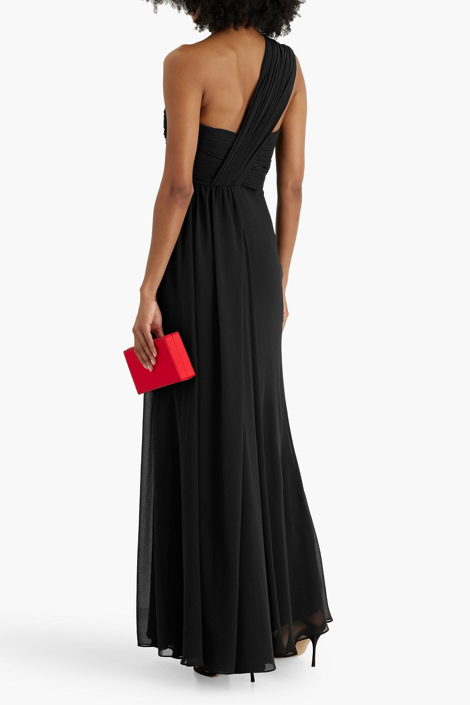 Badgley Mischka One-shoulder Draped Chiffon Gown In Black