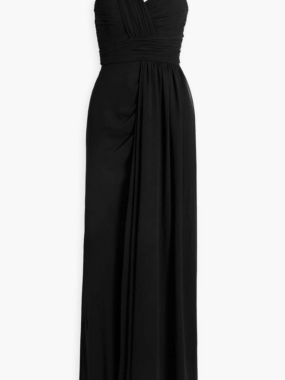 one-shoulder draped chiffon gown