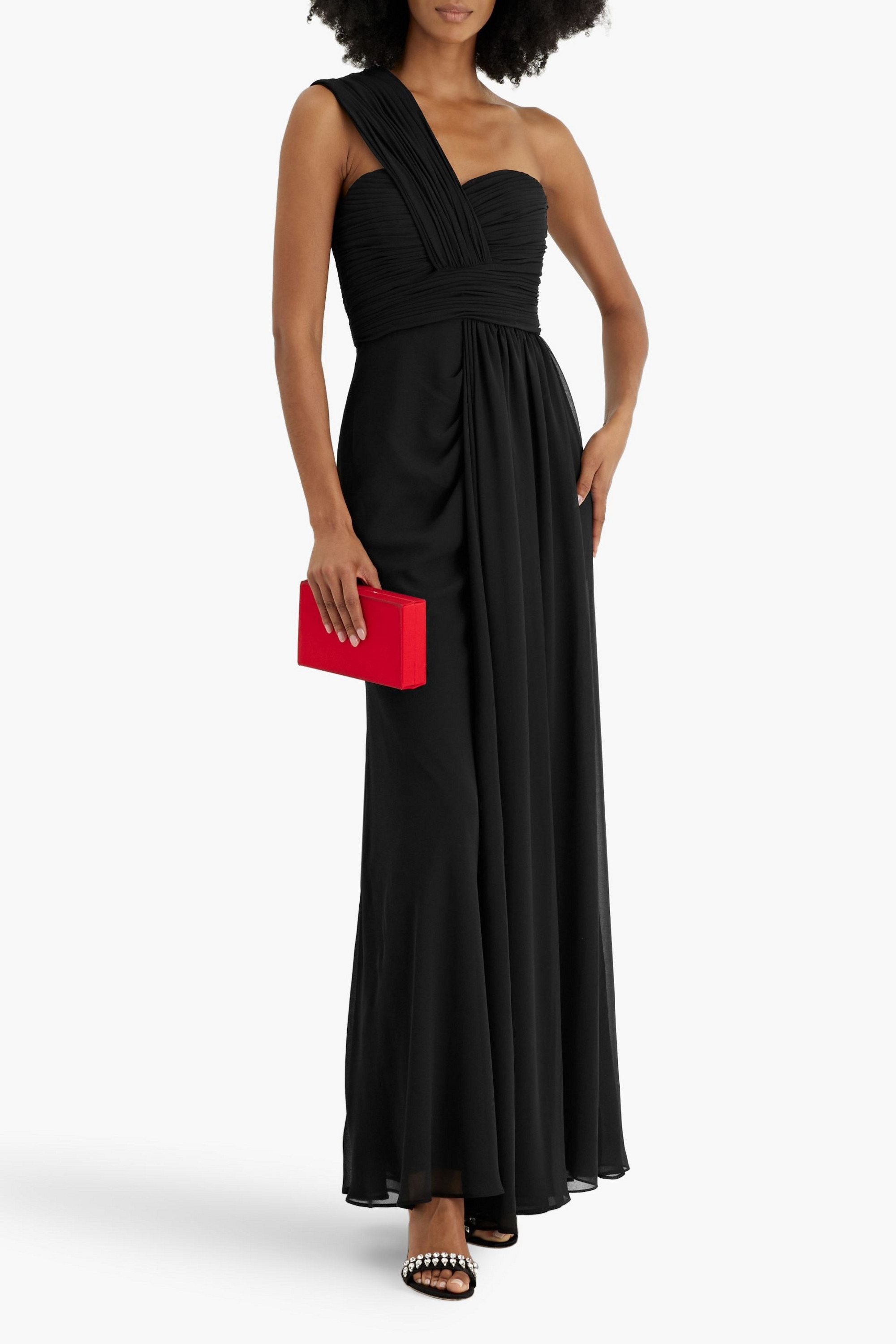 Badgley Mischka One-shoulder draped chiffon gown