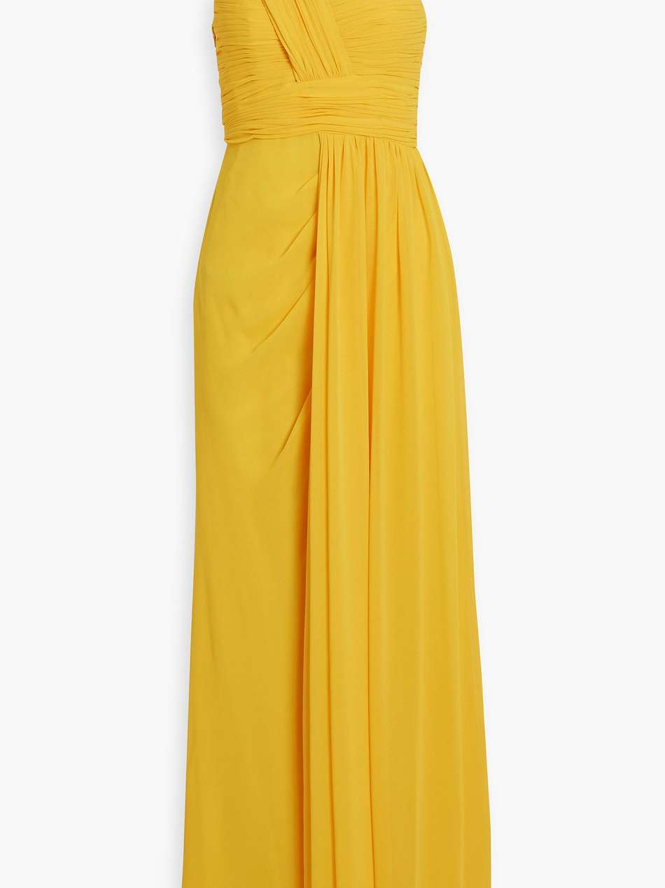 one-shoulder draped chiffon gown