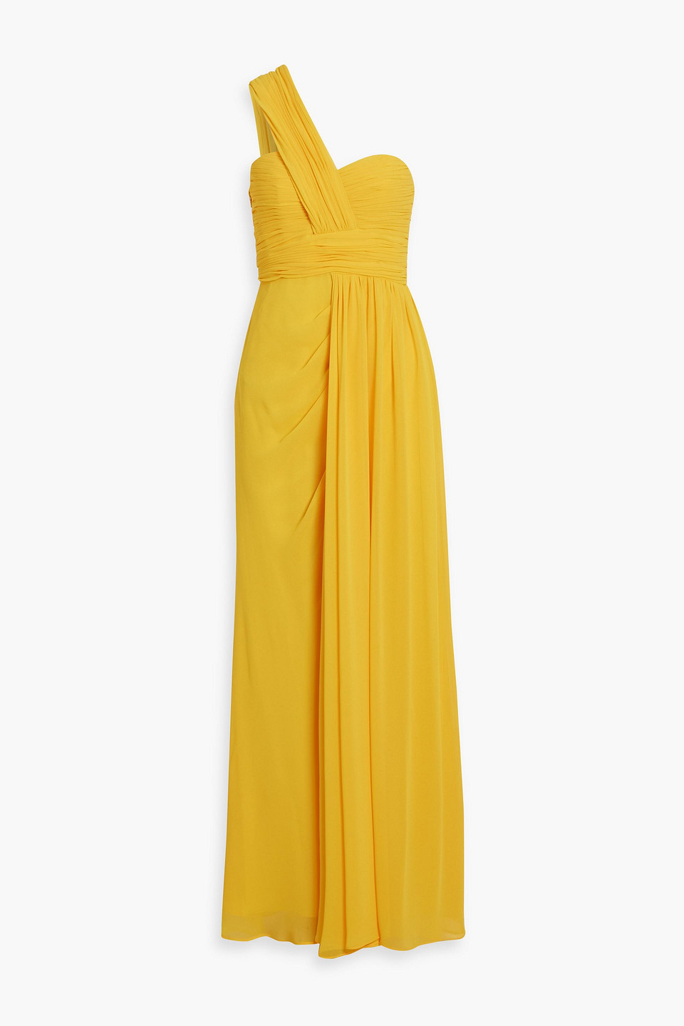 Badgley Mischka One-shoulder Draped Chiffon Gown In Yellow