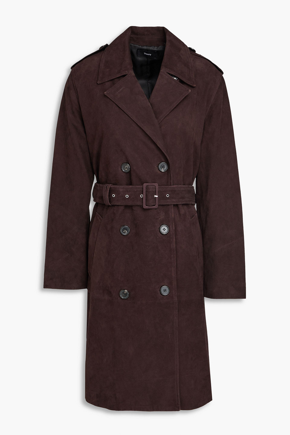 Theory Double-breasted Suede Trench Coat In Dark Brown