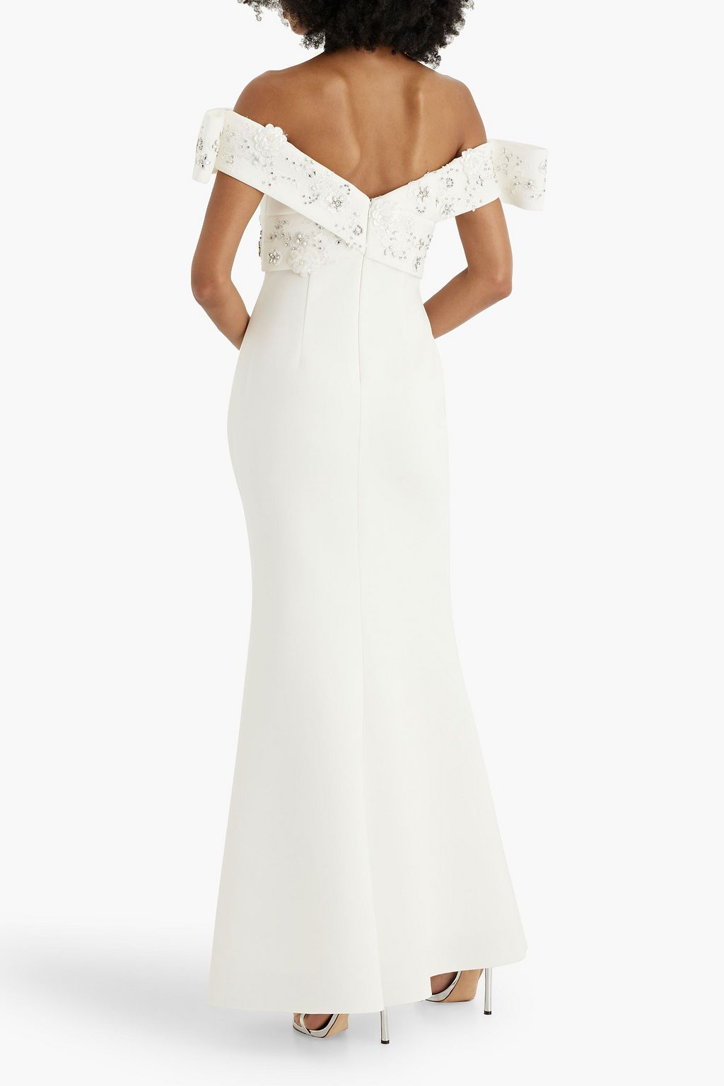 BADGLEY MISCHKA Off-the-shoulder embellished scuba gown