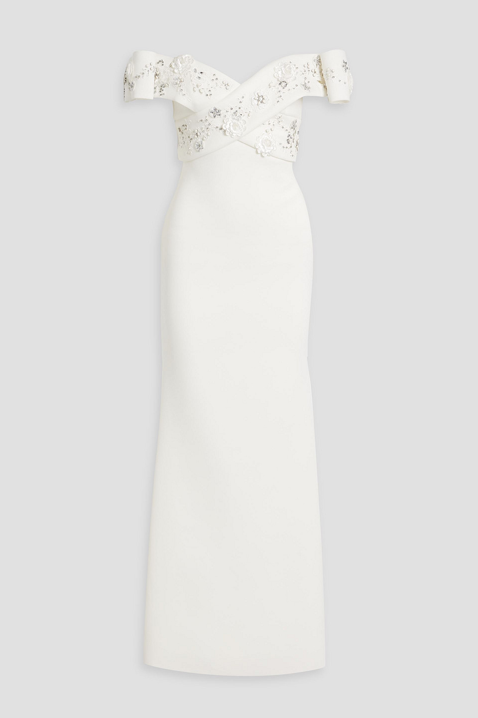 Shop Badgley Mischka Off-the-shoulder Embellished Scuba Gown In White