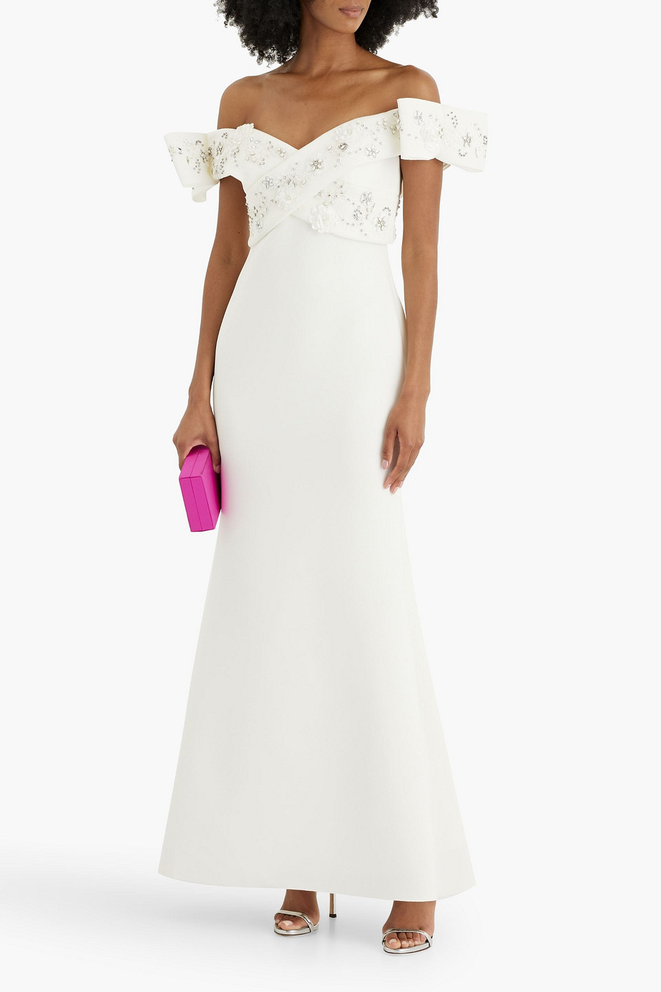 Shop Badgley Mischka Off-the-shoulder Embellished Scuba Gown In White