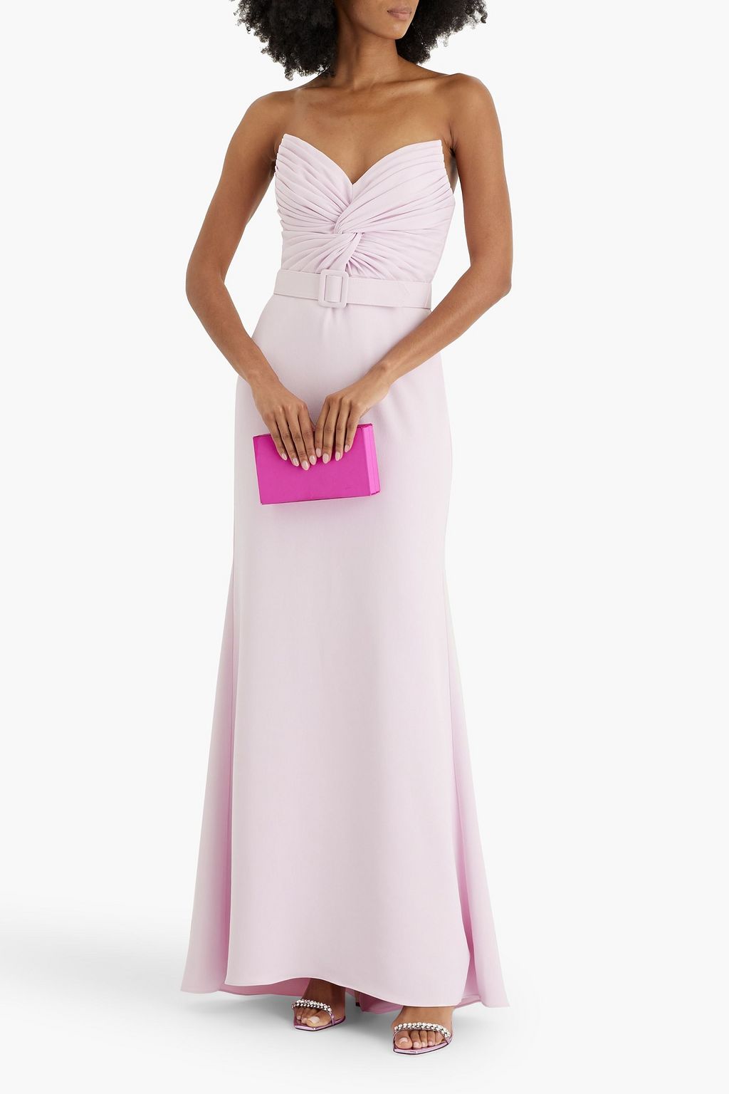 BADGLEY MISCHKA فستان سهرة من الكريب بحزام وبدون حمالات