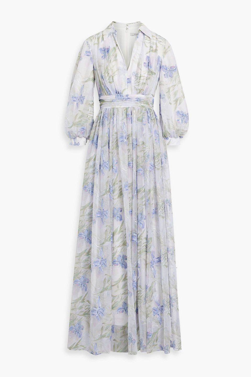 BADGLEY MISCHKA EMBELLISHED FLORAL-PRINT TULLE MAXI DRESS