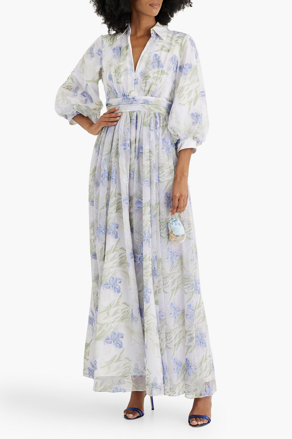 BADGLEY MISCHKA EMBELLISHED FLORAL-PRINT TULLE MAXI DRESS