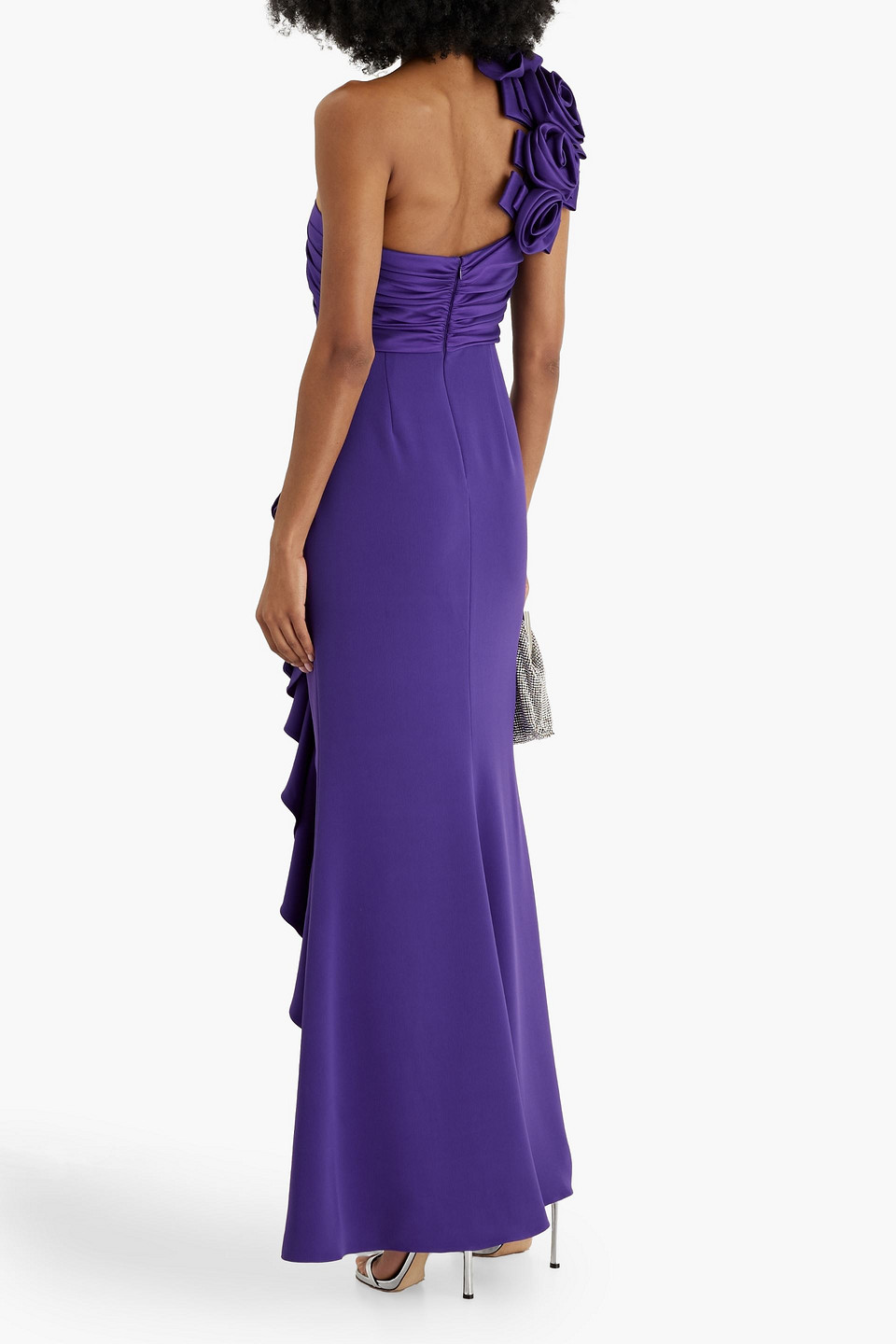 Shop Badgley Mischka One-shoulder Floral-appliquéd Faille Gown In Purple