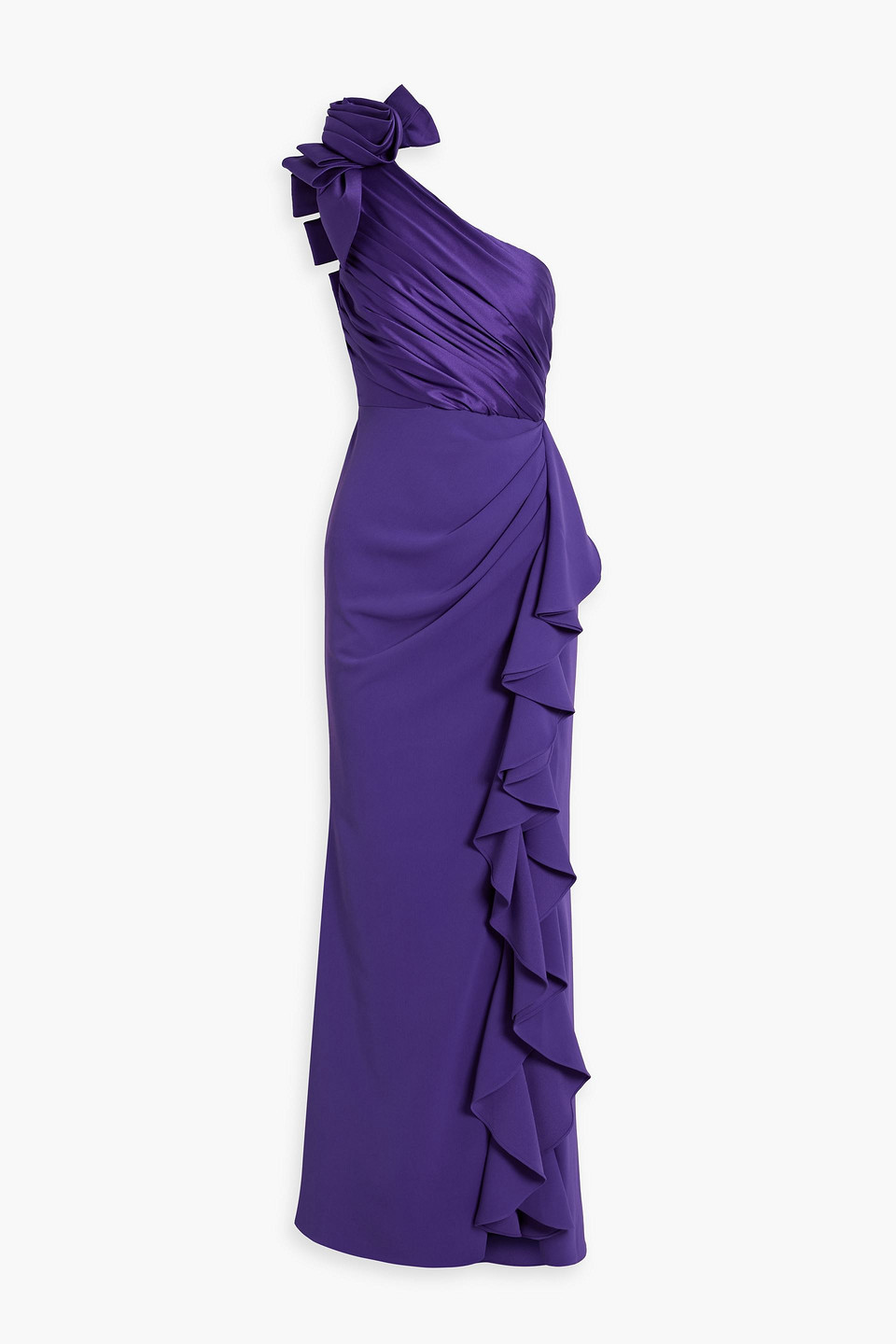 Shop Badgley Mischka One-shoulder Floral-appliquéd Faille Gown In Purple