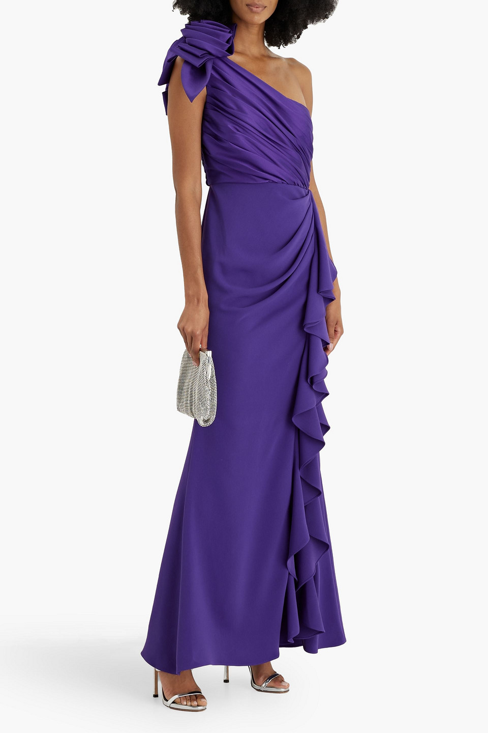 Shop Badgley Mischka One-shoulder Floral-appliquéd Faille Gown In Purple