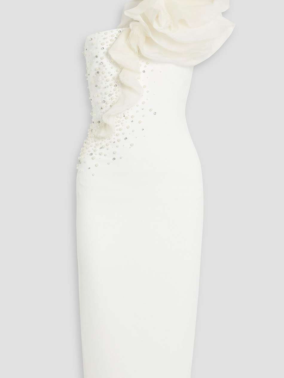 one-shoulder organza-trimmed crepe midi dress