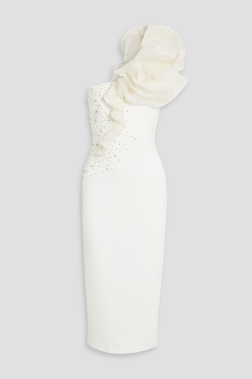 Badgley Mischka One-shoulder Organza-trimmed Crepe Midi Dress In White