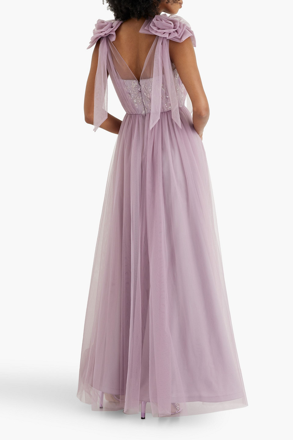 Badgley Mischka Floral-appliqué Tulle Gown In Lilac