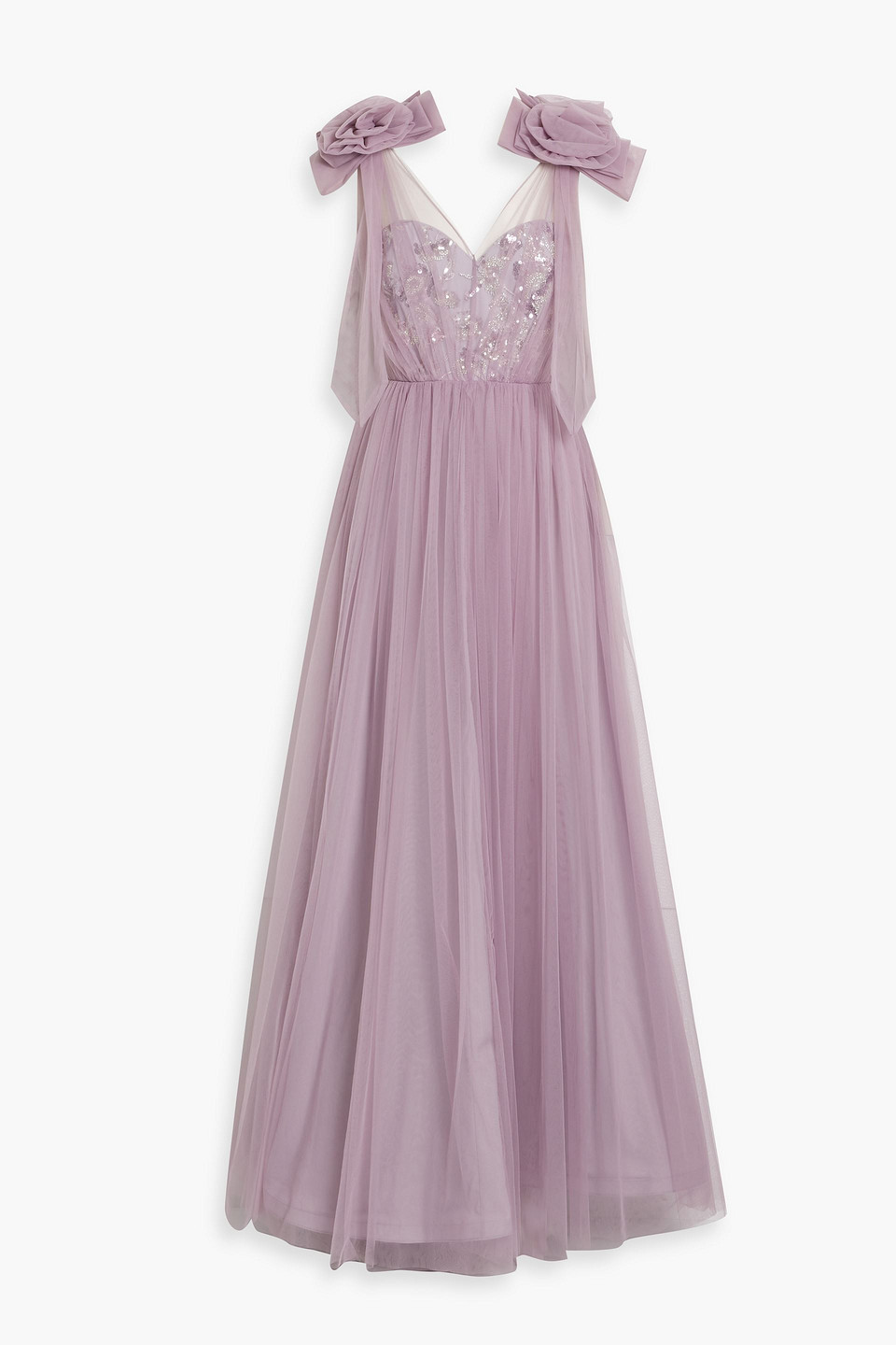 Badgley Mischka Floral-appliqué Tulle Gown In Lilac