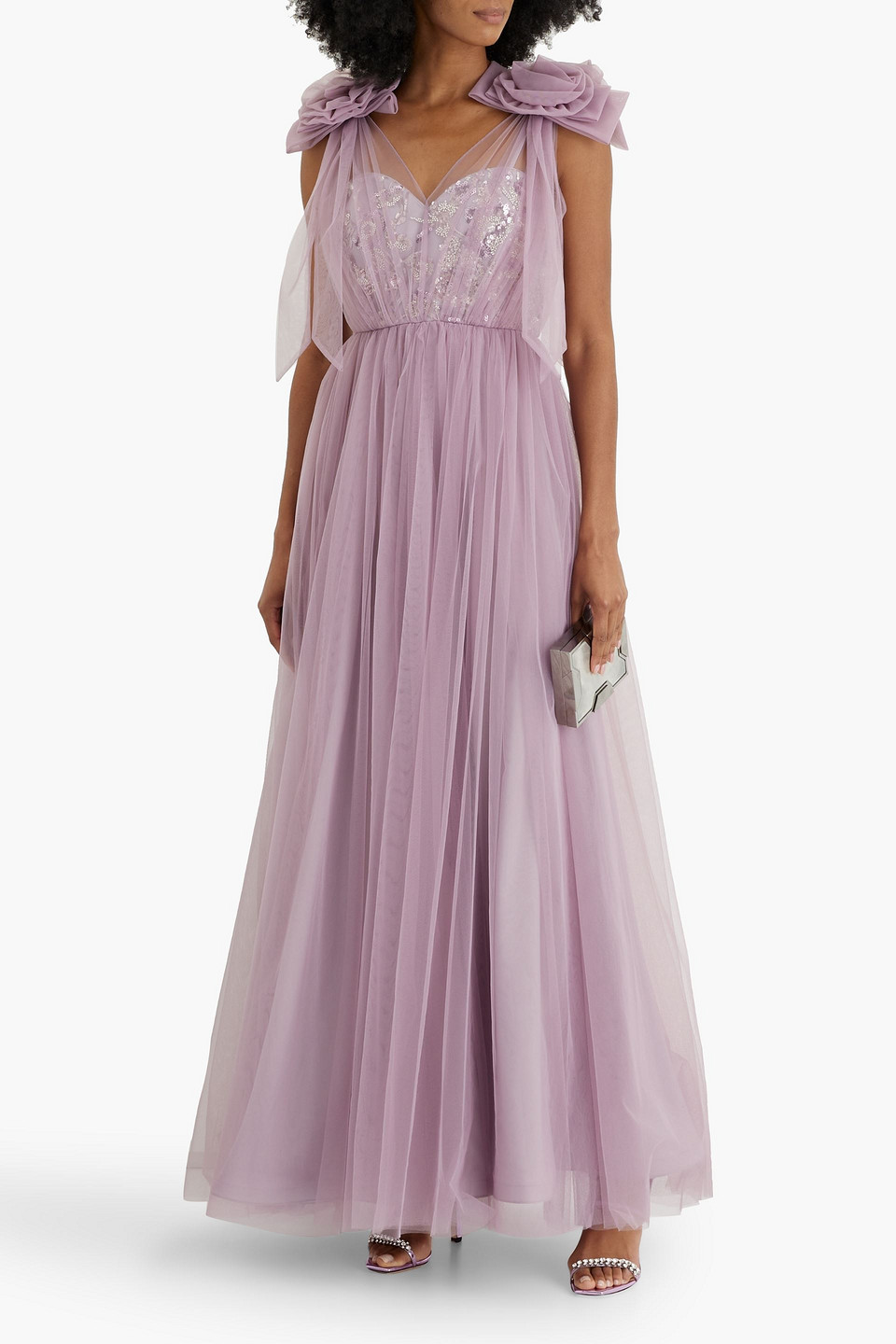 Shop Badgley Mischka Embellished Tulle Gown In Lilac