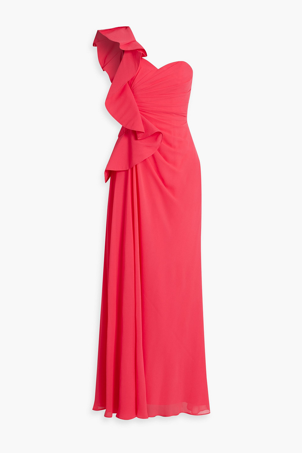 Badgley Mischka One-shoulder Ruffled Chiffon Gown In Red