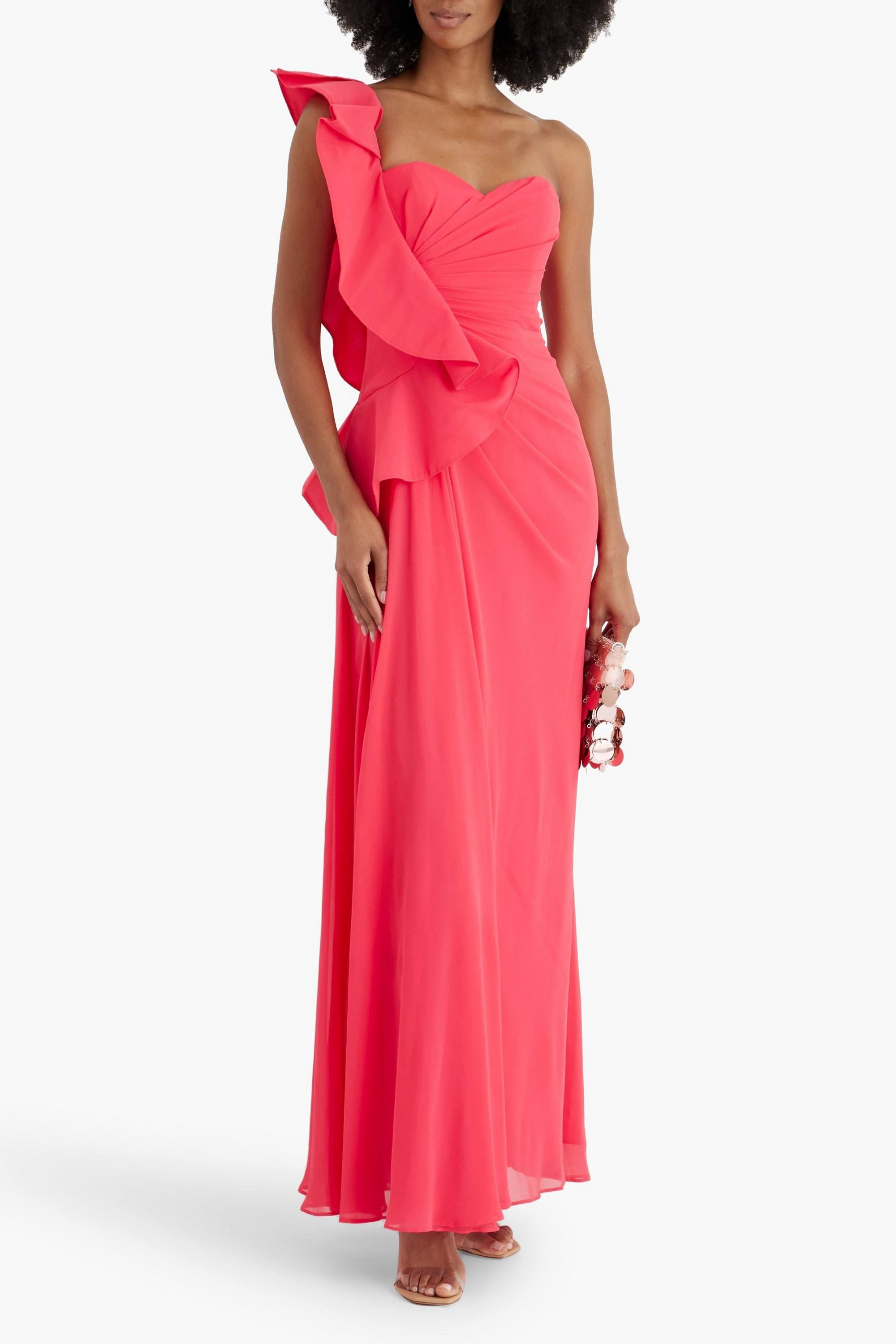 Badgley Mischka One-shoulder ruffled chiffon gown