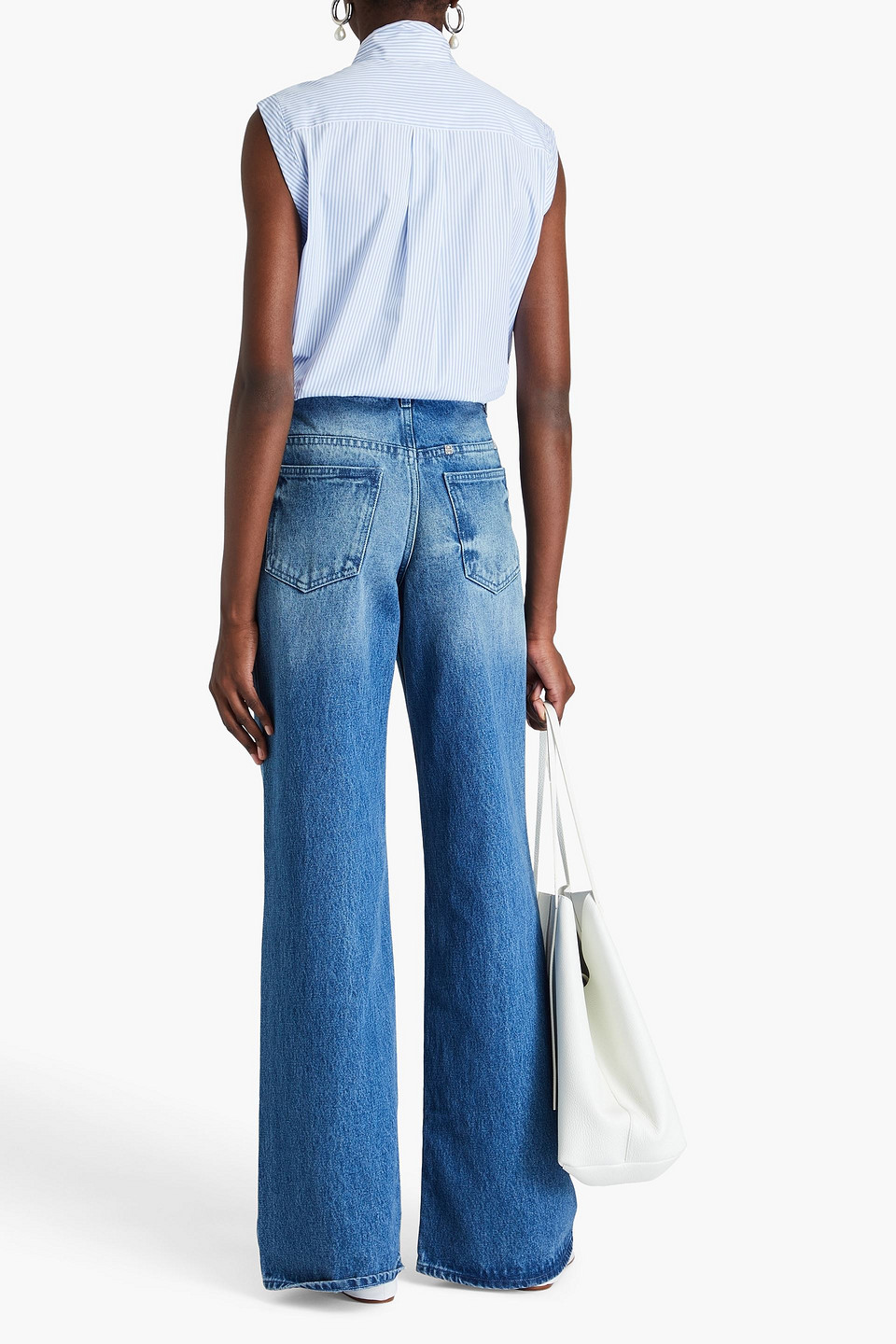 Shop Another Tomorrow Tie-neck Striped Cotton-poplin Blouse In Azure