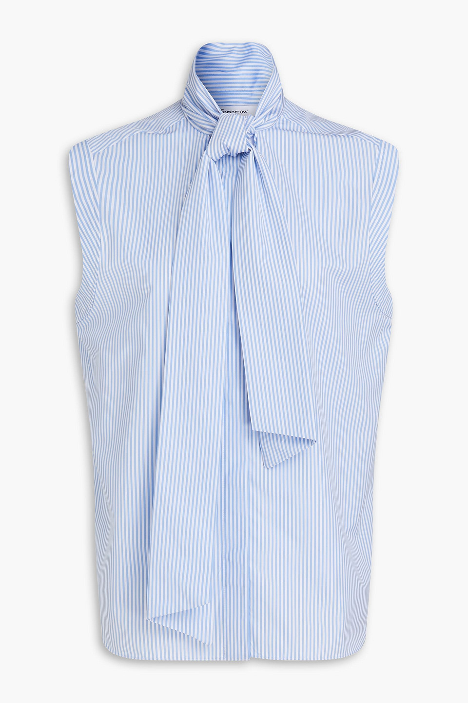 Another Tomorrow Tie-neck Striped Cotton-poplin Blouse In Azure