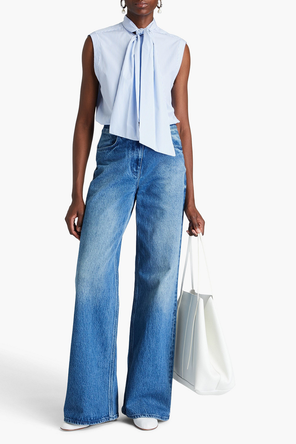 Shop Another Tomorrow Tie-neck Striped Cotton-poplin Blouse In Azure