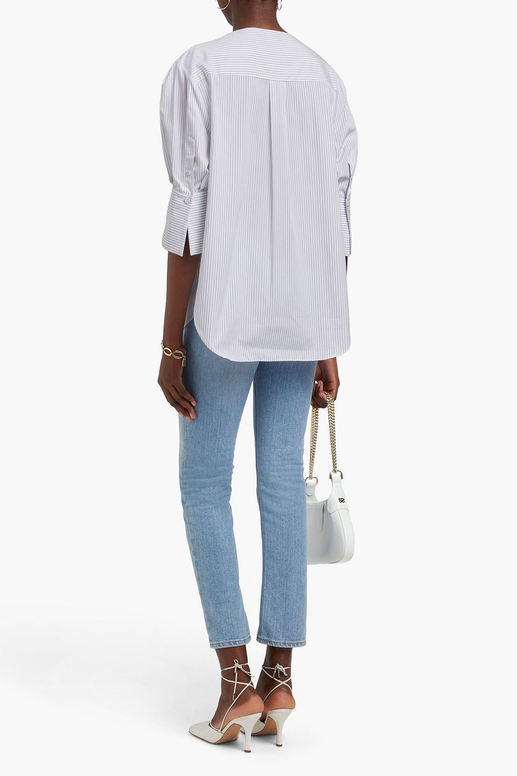 ANOTHER TOMORROW Pleated striped cotton-poplin blouse