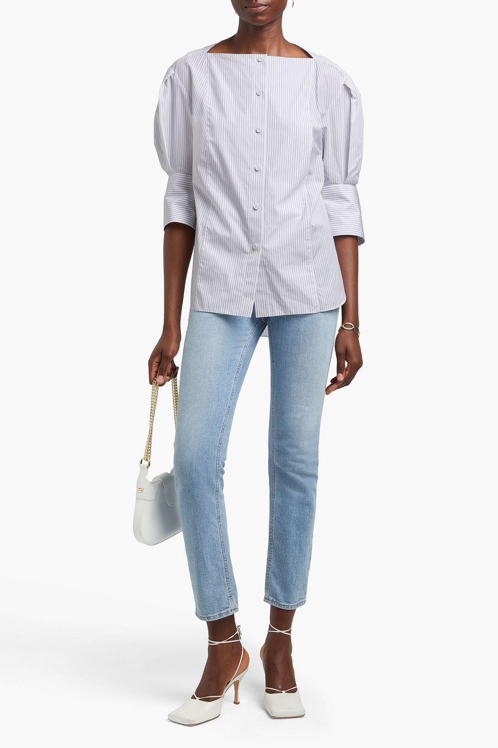 ANOTHER TOMORROW Pleated striped cotton-poplin blouse