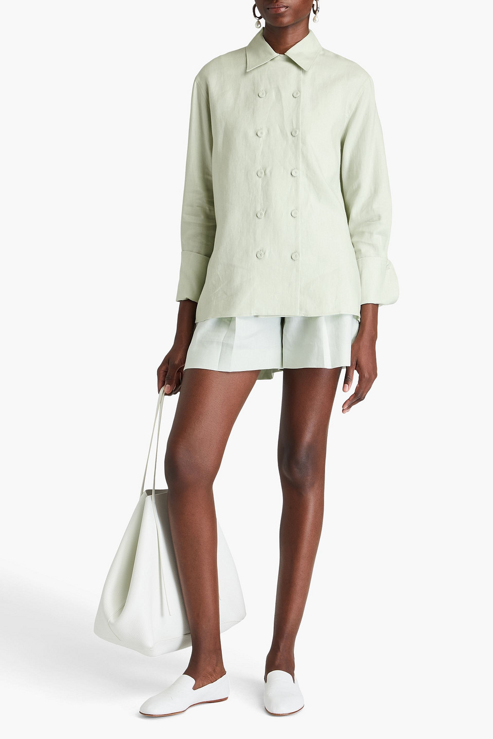 Another Tomorrow Double-breasted Linen Shirt In Mint