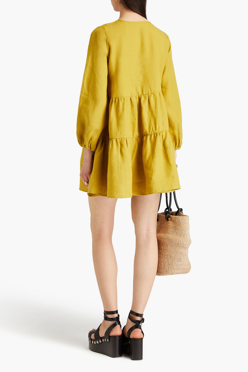 Casa Raki Matilda Tiered Linen Mini Dress In Mustard