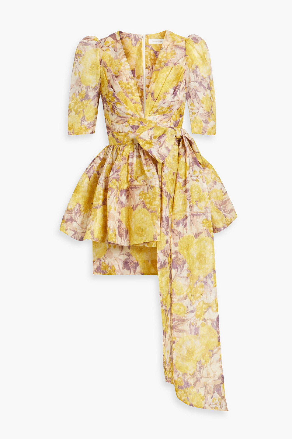 Zimmermann Bow-detailed Floral-print Linen And Silk-blend Mini Dress In Yellow