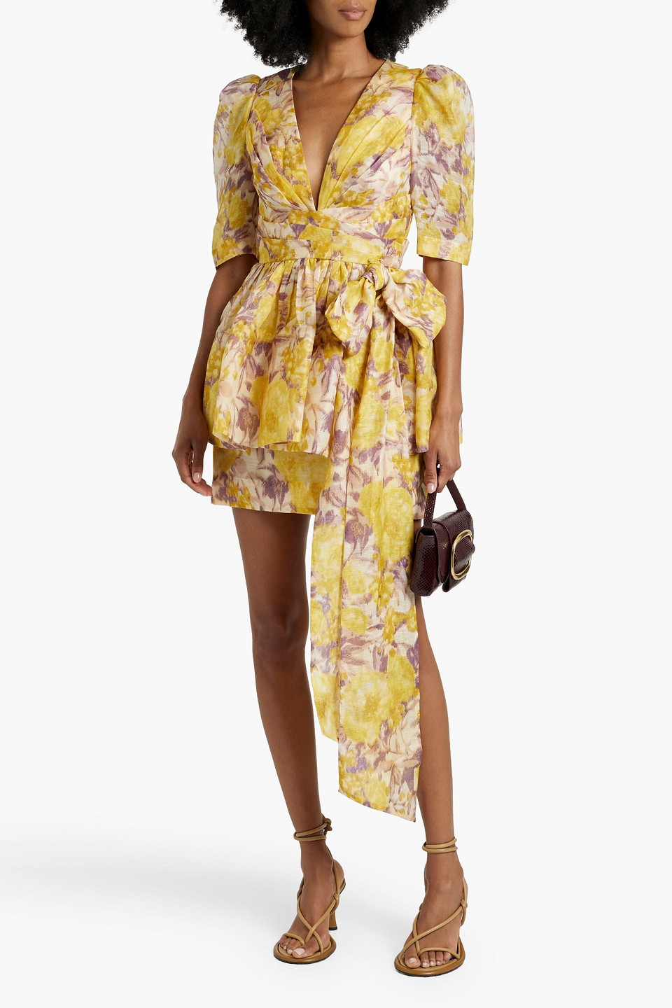 Zimmermann Bow-detailed Floral-print Linen And Silk-blend Mini Dress In Yellow