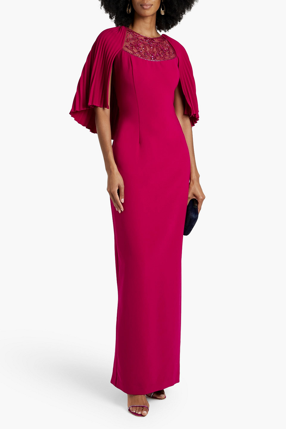 Shop Theia Embellished Cape-effect Crepe Gown In Magenta