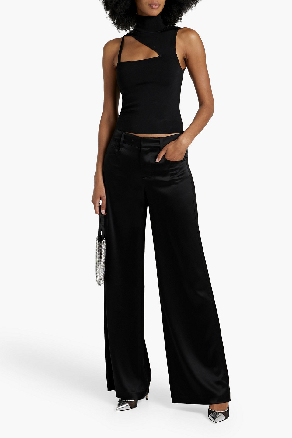 Shop Alice And Olivia Trish Satin Wide-leg Pants In Black