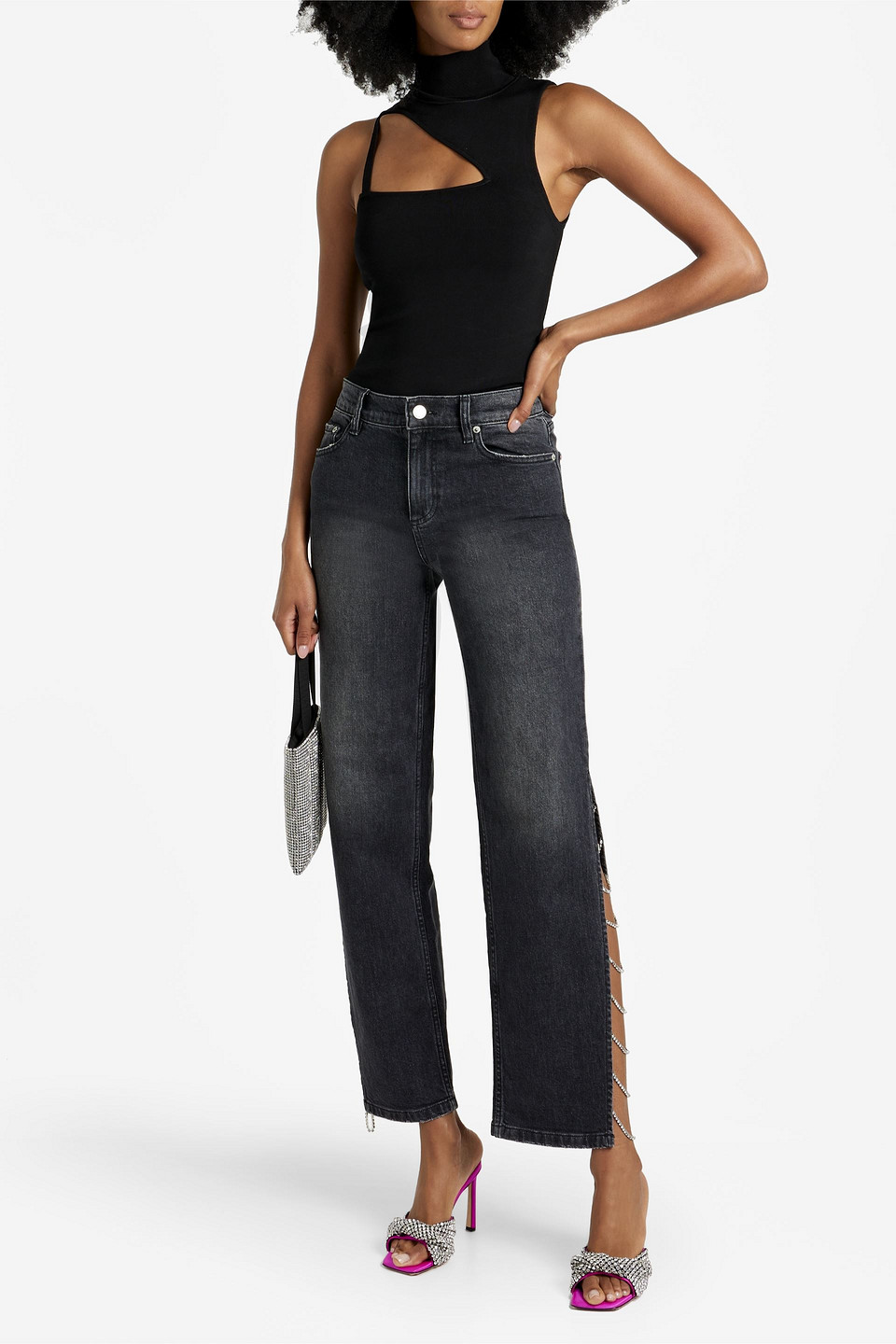 Shop Alice And Olivia Gayle Crystal-embellished Low-rise Straight-leg Jeans In Charcoal