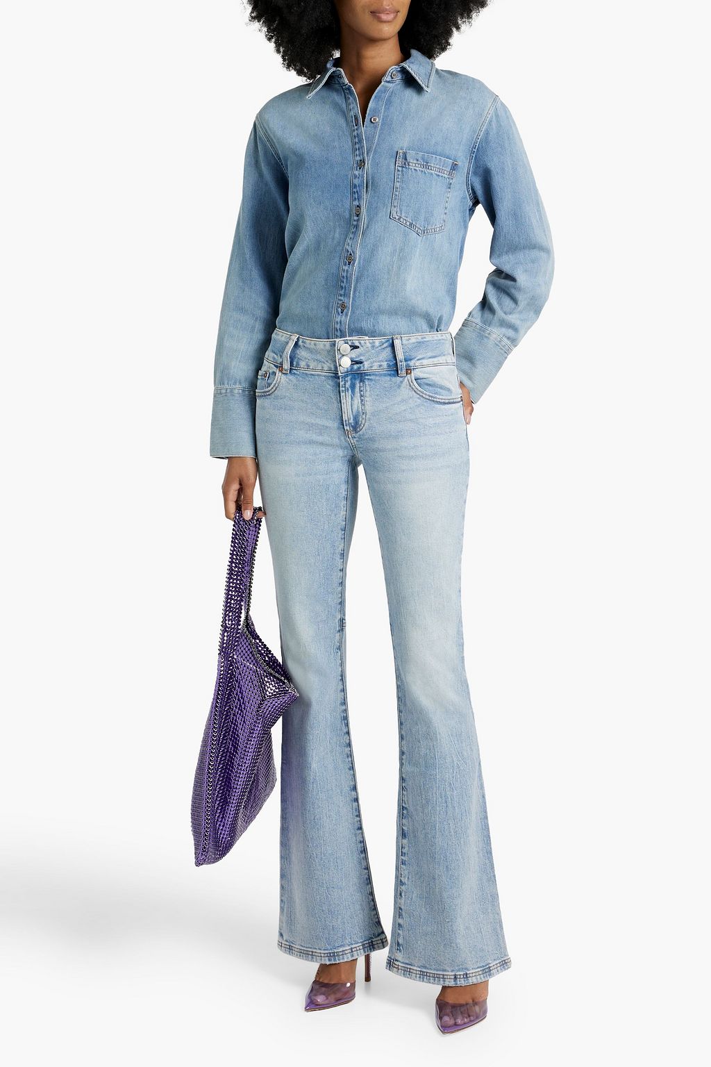 ALICE + OLIVIA JEANS جينز "ستايسي" منخفض الارتفاع وبحواف واسعة ولون باهت