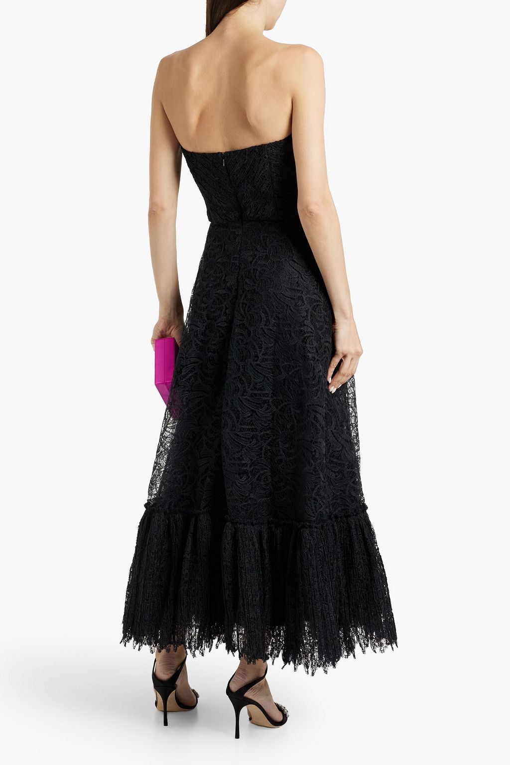 COSTARELLOS Strapless gathered lace maxi dress