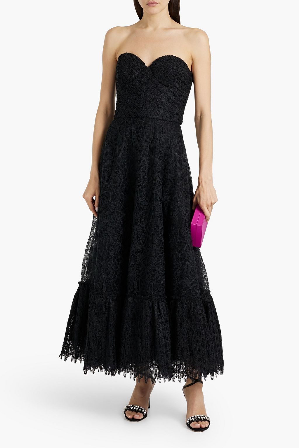 COSTARELLOS Strapless gathered lace maxi dress